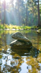Balanced stone in a tranquil forest stream