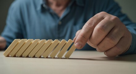 Close-up of a hand poised to topple a row of dominoes