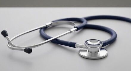 Close-up of a medical stethoscope, dark blue tubing and silver head, resting on a light gray surface