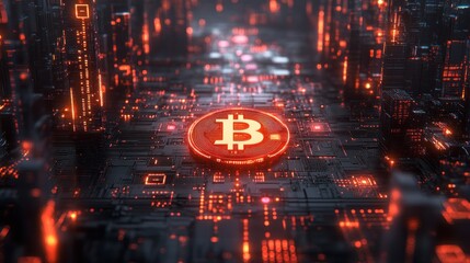 Bitcoin symbol on glowing circuit board.  Cityscape background