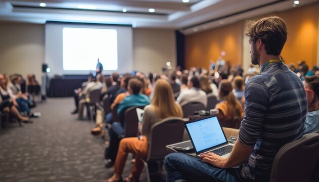 The image shows a large group of people sitting in chairs facing a projector screen, one person is using a laptop computer.