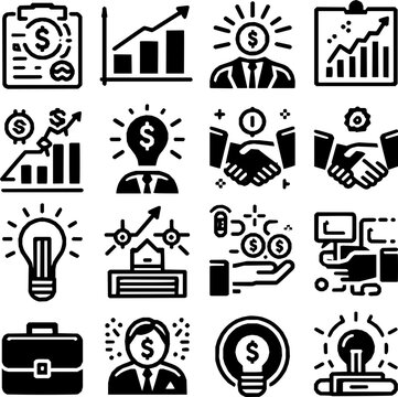 Minimalist black and white vector icon set of business and finance, clean scalable line art symbols including chart, money, briefcase, handshake, and idea