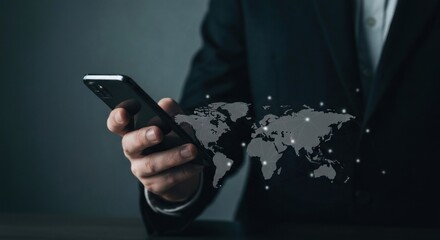 Close-up of a person in a suit holding a phone, with a world map overlay