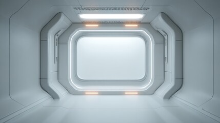 Fototapeta premium Futuristic Minimalistic Interior Design of a Sci-Fi Spacecraft Cabin Featuring Sleek White Walls and a Large Window for High-Tech Environments