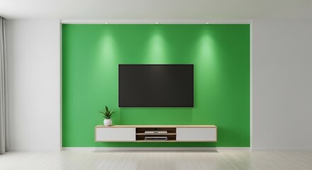 A modern living room featuring a vibrant lime green accent wall, showcasing a flat screen television and a light wooden media console.