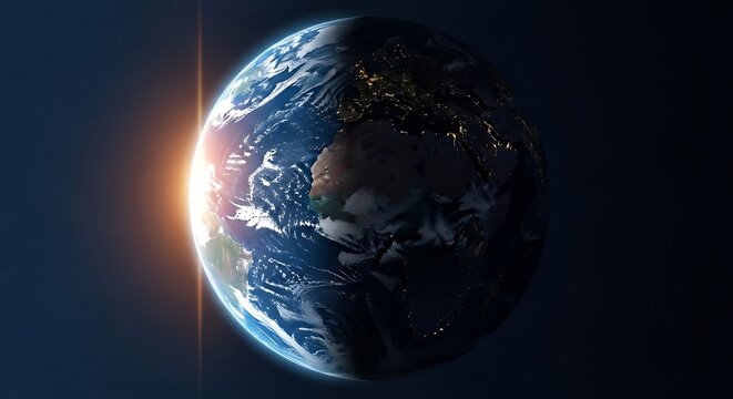 Vibrant Sunrise Over Planet Earth from Space, Illuminating Continents with a Warm Glow and Dynamic Lens Flare