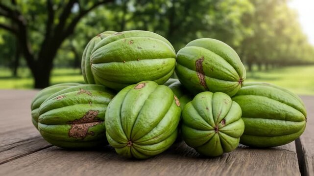 A pile of fresh, green, ribbed Garcinia cambogia fruits resting on a rustic wooden table outdoors with a lush green background.