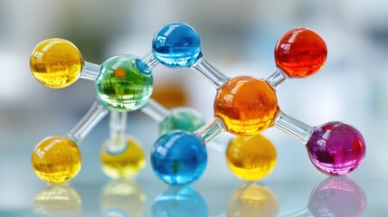 Brightly colored molecular models are arranged on a reflective surface, showcasing various chemical structures and helping students understand molecular composition and bonding concepts.