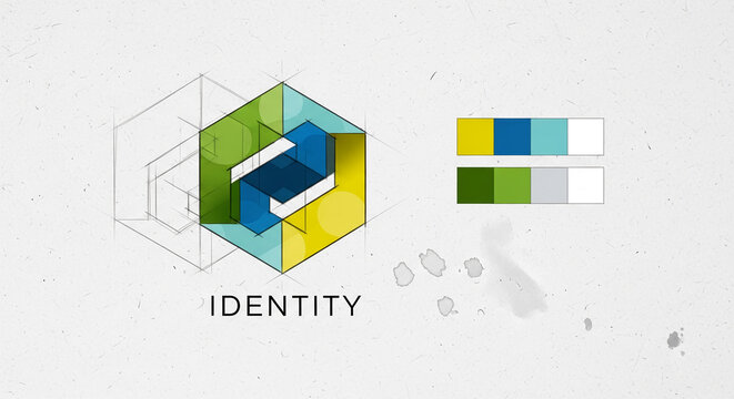 Abstract logo design sketch with blue, green, yellow elements on textured background, showcasing brand identity concept with color palette mockup