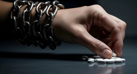 Symbolic overlay - Slow-motion of a hand reaching for pills, chains visually overlay onto the wrist as they grab them.