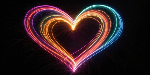 A glowing heart shape made of colorful light trails on a dark black background