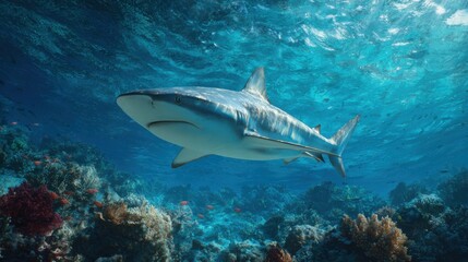 Fototapeta premium A strong shark swims gracefully above a colorful coral reef teeming with life. Sunlight filters through the water, illuminating various fish and corals below.