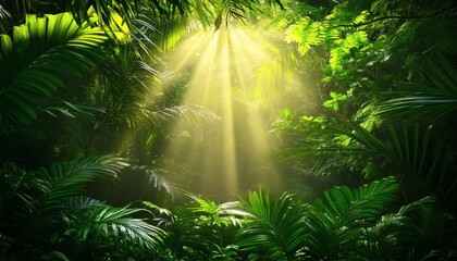 Fototapeta premium Sunlight penetrates a dense canopy of tropical plants, creating radiant beams of light in a verdant forest.