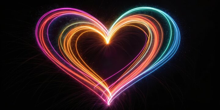 A glowing heart shape made of colorful light trails on a dark black background