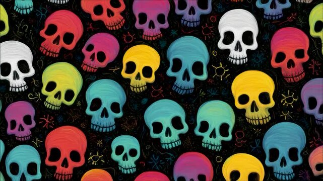 Set of 18 animated colorful skulls backgrounds for Halloween, each with seamless looping skull patterns in different vivid color schemes. Perfect for horror videos, party promos, and spooky social med