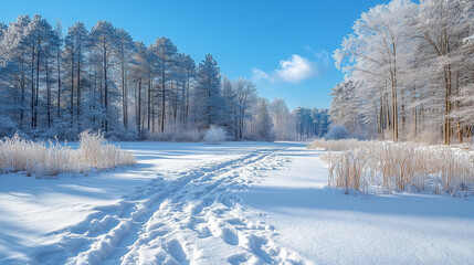 Fresh footprints and ski tracks wind through a peaceful snow covered winter forest on a bright sunny day with frosted trees.