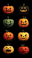 Various pumpkin designs showcase Halloween spirit with unique expressions in vibrant colors and playful styles