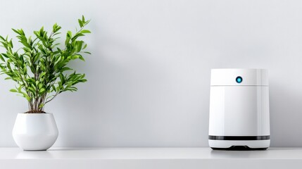 A Modern Minimalist Home Interior Featuring a Sleek White Device Beside a Small Potted Plant Against a Light Gray Wall, Emphasizing Clean Lines and Simplistic Design.