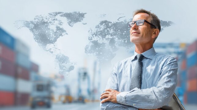 A confident business professional stands with arms crossed, gazing upwards while surrounded by shipping containers, evoking thoughts on international commerce and logistics.