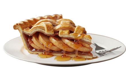 A mouthwatering slice of apple pie with glistening caramel drizzle evoking cozy autumn vibes on transparent background