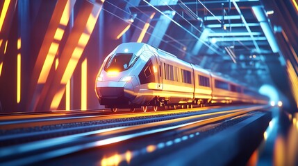 Sleek High-Speed Train Surging Through Dynamic Geometric Backdrop