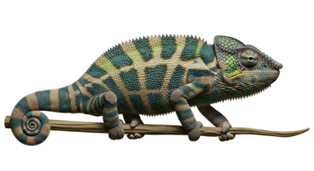 Chameleon on a twig, exotic lizard with camouflage skin isolated PNG with Transparent Background