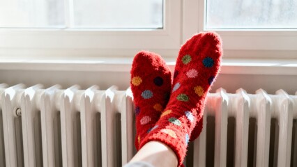 Feet in red socks on radiator