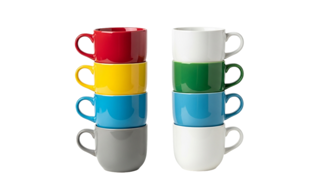 Colorful stacked ceramic mugs showcase a spectrum of joy and energy promising warm beverages on transparent background