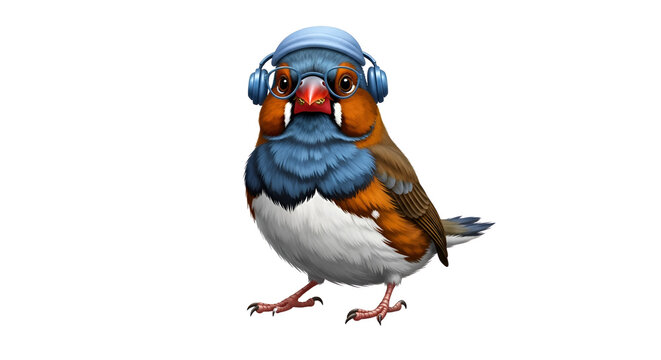 Zebra finch with headphones and a hat isolated PNG with Transparent Background