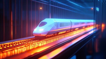 Sleek High-Speed Train Surging Through Dynamic Geometric Backdrop
