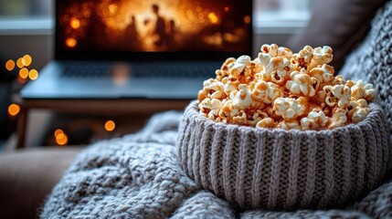 Caramel popcorn in a knitted bowl on a couch, laptop in the background. Cozy movie night scene
