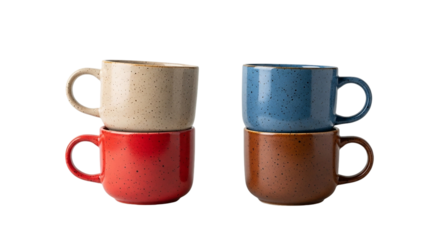Cozy rustic mugs stacked high evoking warm morning coffee on a chilly day inviting simple on transparent background