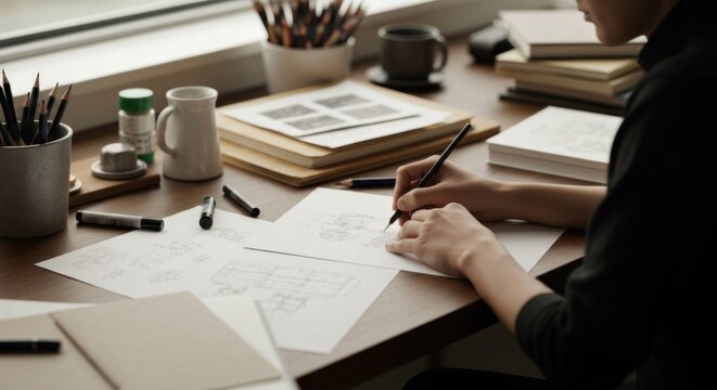 Close-up of person sketching architectural designs at a desk.  A variety of art supplies are visible, including pencils, markers, and papers.  Sunlight streams through a window