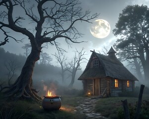 Haunted Witch Hut with Twisted Trees and Glowing CauldronHaunted Witch Hut with Twisted Trees and Glowing Cauldron