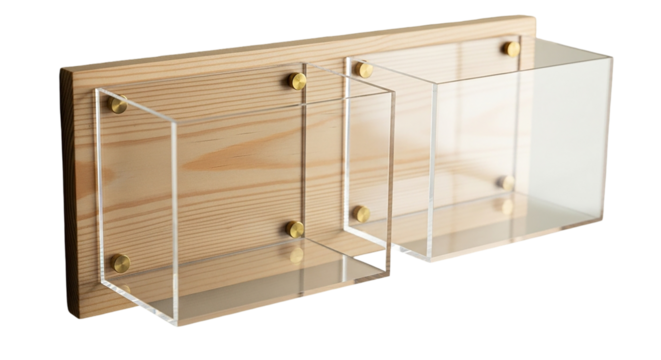 Two sleek clear acrylic containers mounted on a light wooden panel bring modern organization on transparent background
