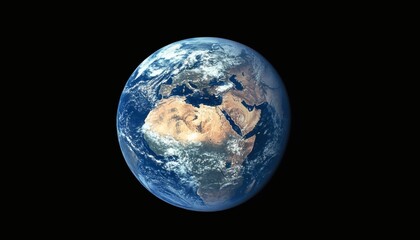 Fototapeta premium The image shows a detailed view of Earth from space, centered on Africa and parts of Europe, against a black background.