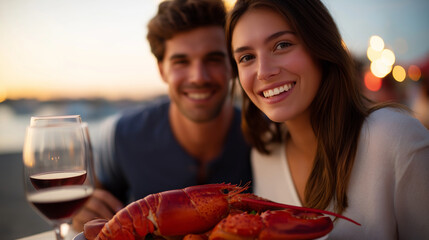 Seafood Feast by Shore: A couple in beachwear smiling over a seafood platter with a lobster claw a wine glass and a coastal sunset view. high quality photo ultra high detail