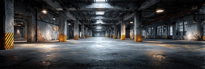 Empty warehouse interior with industrial design, high ceilings, and gritty textures, illuminated by overhead lights