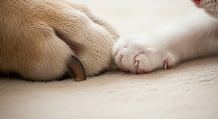 Fototapeta premium Close-up of cat and dog paws touching in friendship and harmony