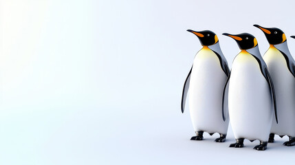 Fototapeta premium Three cartoon penguins standing together, showcasing their unique features and playful demeanor, perfect for fun illustration