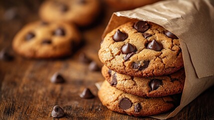 Chocolate chip cookies stacked, nestled in a brown paper bag, on a wooden table