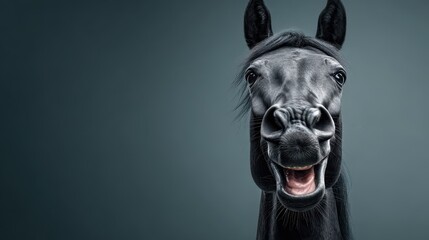 Black horse expressing joy against a dark backdrop with a whimsical and lively demeanor in close-up