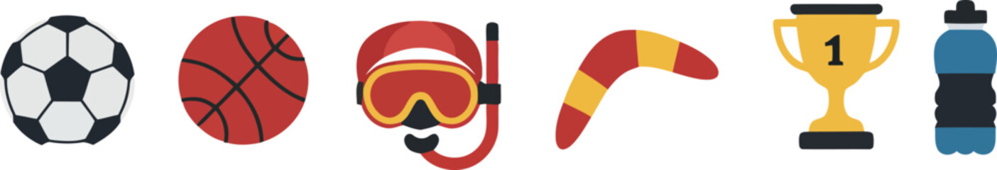 Sports Icon Set - Soccer Ball Basketball Snorkel Mask Boomerang Trophy Water Bottle Vector
