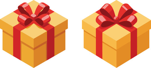 Gift Box Illustration Set - Present with Red Ribbon Bow, Holiday Package Vector