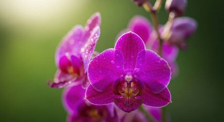 Close-up of vibrant magenta orchid blossoms, dew-kissed