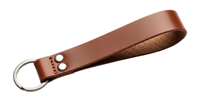 A meticulously crafted leather keychain embodying rustic charm and everyday functionality in a on transparent background