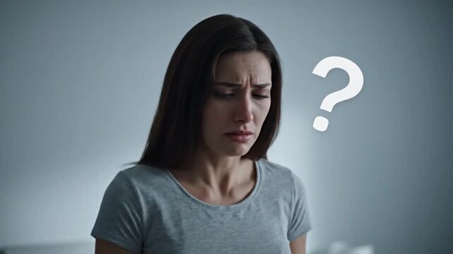 A distressed woman with a furrowed brow looking down next to a question mark, a concept representing confusion, doubt, and difficult decision-making