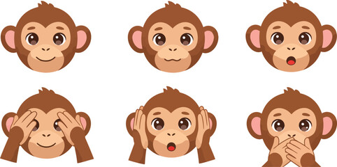 Cute Monkey Face Expressions Set - See No Evil Hear No Evil Speak No Evil Cartoon Vector