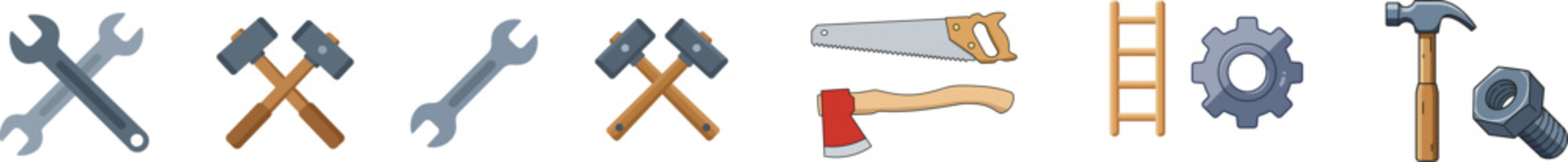 Hand Tools Icon Set - Wrench Hammer Saw Axe Ladder Gear, Minimal Vector Symbols