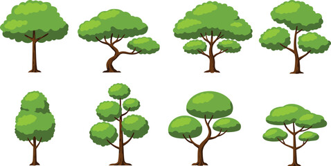 Cartoon Tree Clipart Set - Green Canopy Trees Collection, Vector Illustration